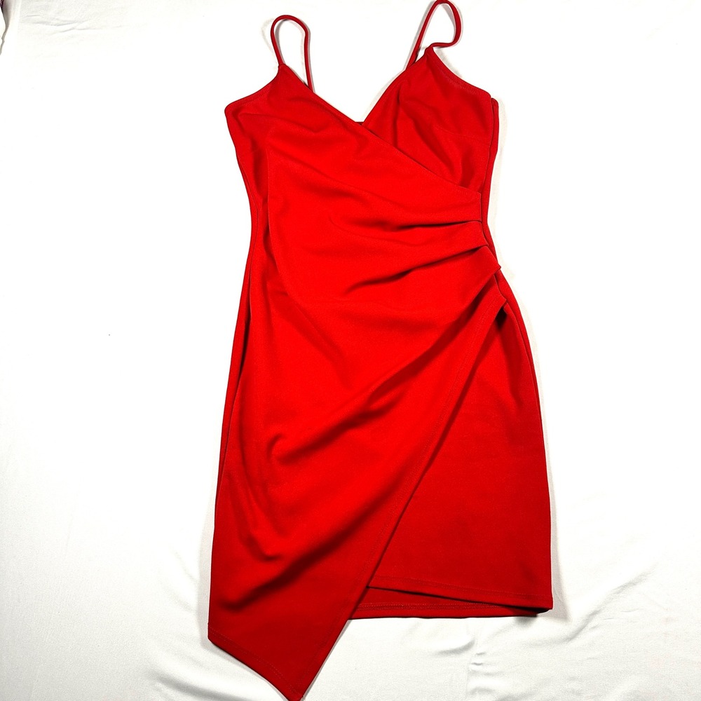 The Vintage Shop Red Wrap Bodycon Dress Spaghetti Strap Asymmetrical Hem Mini